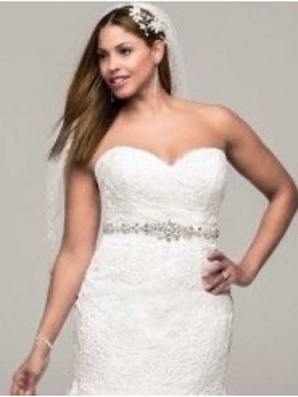 David's Bridal Strapless Sweetheart Lace Bridal Gown in White with Beaded Waist